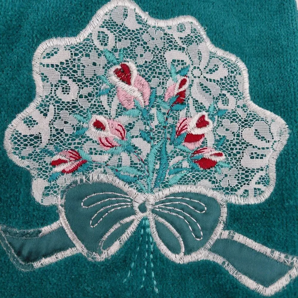 Vtg JC Penny's Cotton Lace Trim Ribbon & Rose 5 Pc Towel Set Dark Green USA NOS